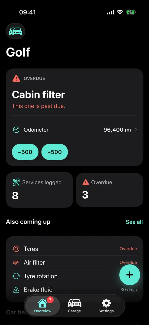 Carnest's car overview: an overdue cabin filter, the odometer, and what is coming up next.