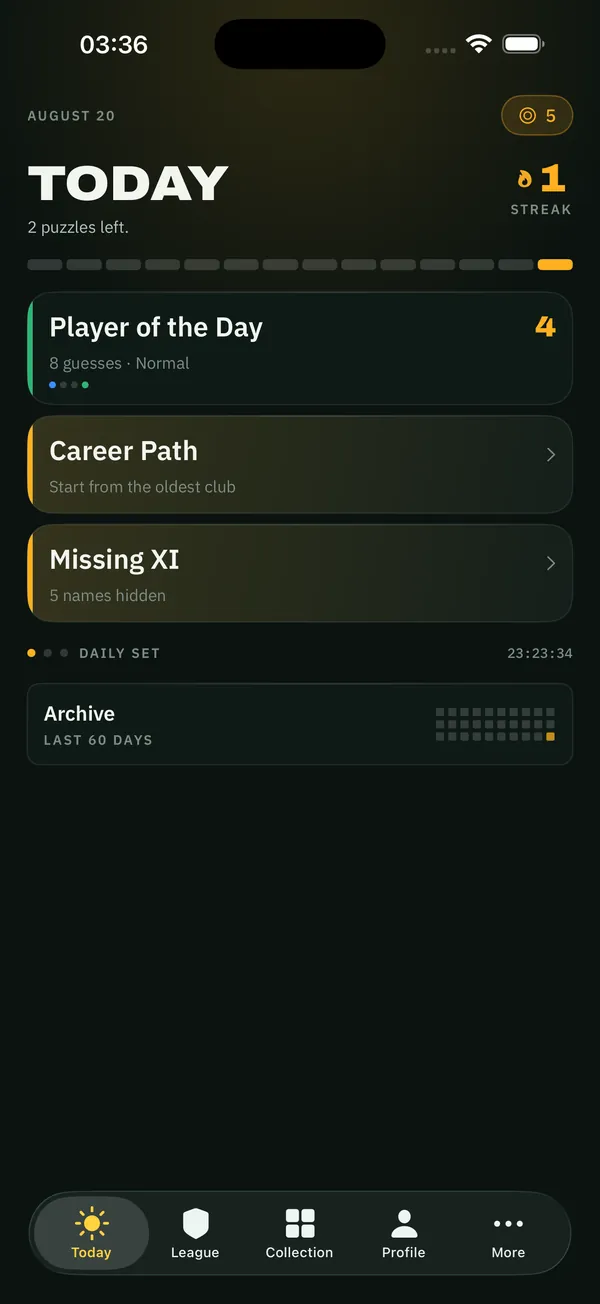 The Onzi today screen listing the day's three puzzles and the current streak
