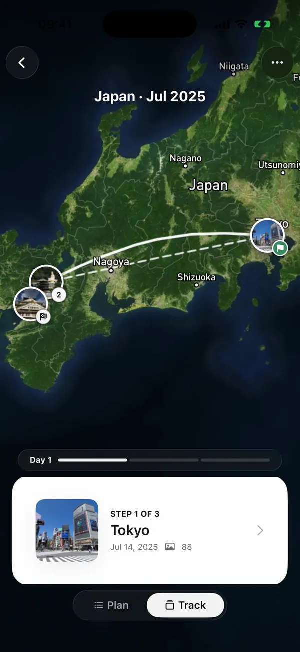 Tern's trip map: a route across Japan drawn from geotagged photos, with the first stop below it.